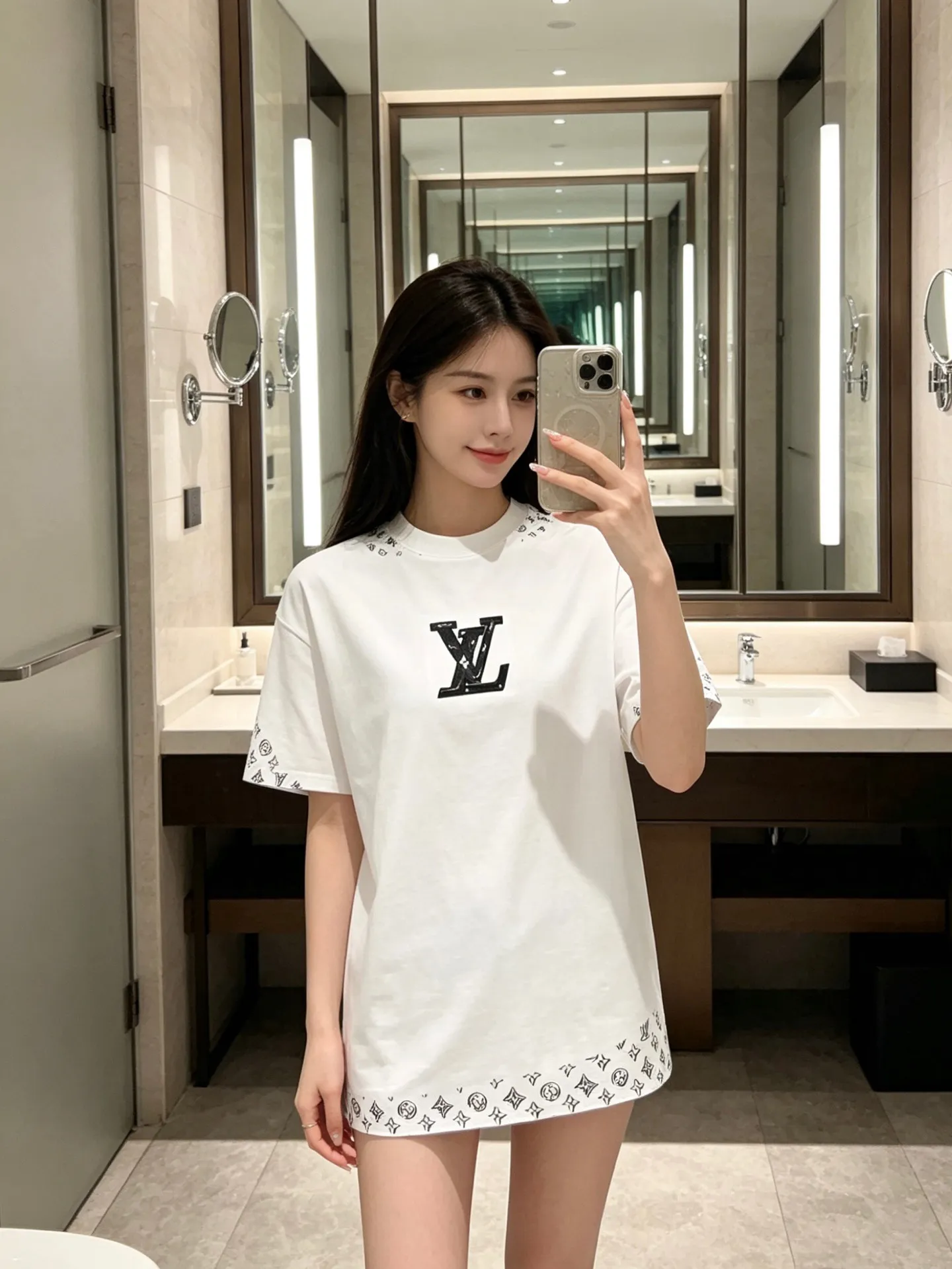 Louis Vuitton/Louis Vuitton leather logo embroidered short sleeves